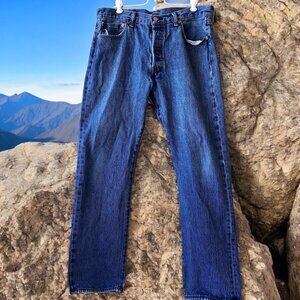 Levis 501 Blue Denim Jeans Button Fly Red Tab Grunge Destroyed Mens W 35 L 32